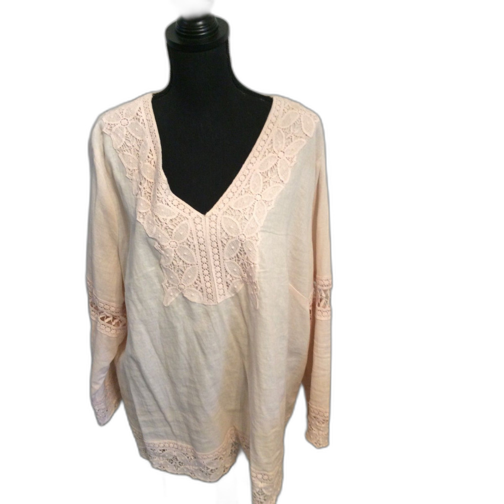 Pink romantic Lace Linen blend Tunic V Neck Plus size 2X